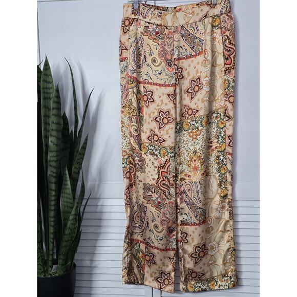 Rachel Zoe Womens Wide Leg Satin Pants Large Multicolor Floral Pull On Boho Hipp - Picture 1 of 6
